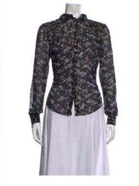 Veronica Beard Black Floral Ruffle-Neck Button Blouse